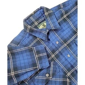 VTG Field & Stream Shacket Men Large BLUE Plaid Hvy Flannel Shirt POCKETS EUC‎